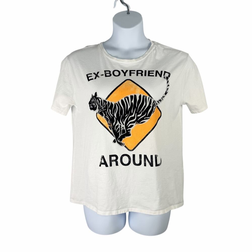 Zara Trafaluc T-shirt Large White Tiger Caution Ex-Boyfriend Around Graphic Tee